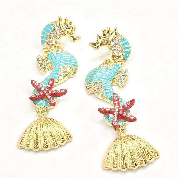 Jewelry - Enamel Seahorse Earrings with Rhinestones